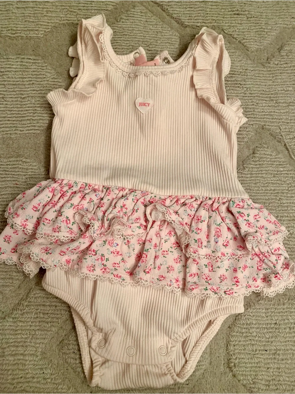 Juicy Couture Pale Pink Ribbed Ruffle Floral Baby One-Piece